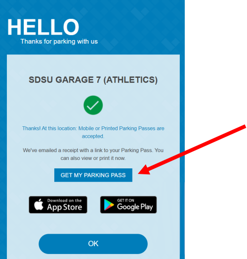 Arrow pointing to the Get My Parking Pass button